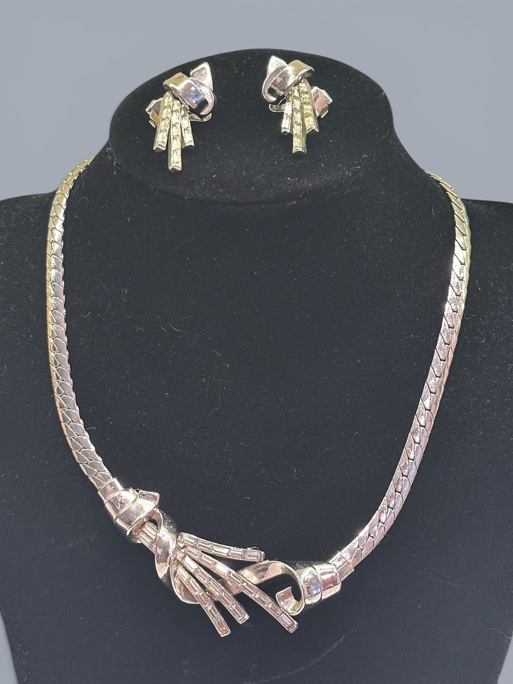 Vintage Crown Trifari Baguette Rhinestone Ribbon Tassel Necklace & Earring Set
